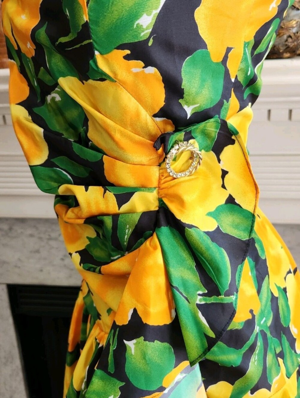 Vintage 90s Yellow Floral Dress Set Size 8 Taffeta Ruffle Bolero Resort Vacation - Picture 8 of 14